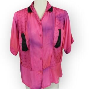 Vintage 80s Maharaj Blouse (S) Rayon FauxLeather Embroider Dyed S/S ButtonUp